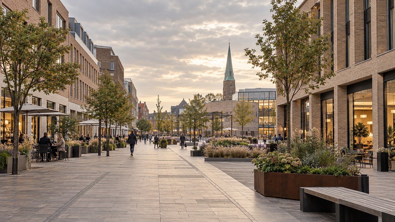 AI-genereret stemningsbillede af dansk byarkitektur; illustrativt