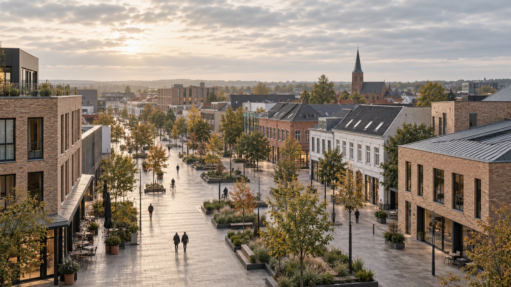 AI-genereret stemningsbillede inspireret af en dansk midtby; ikke et dokumentarfoto